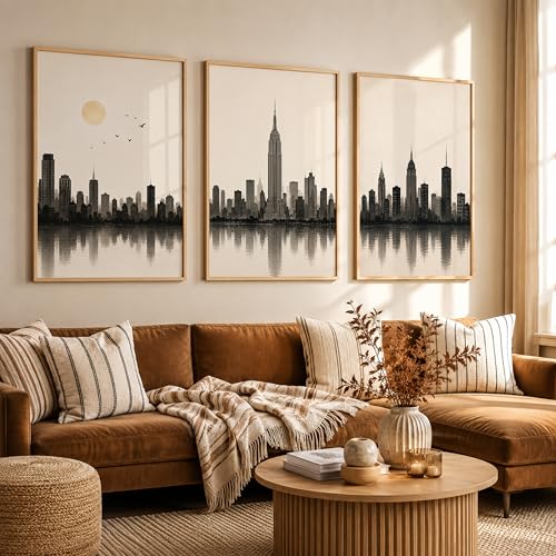 Image of Set of 3 Modern City Skyline Wall Art Paintings for Living Room | Minimalist Urban Cityscape Wall Decor | Neutral Beige Framed Wall Paintings for Bedroom, Office, Hall & Home Decoration (10x13 Inches)