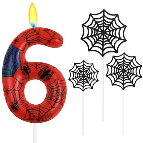 Alaoo Velas de Aniversário de Aranha com Números 6, Vela Vermelha e Azul Vela de Aranha Numérica de Aniversário, Vela de Aniversário com Tema de Aranha, para Meninos e Meninas Bolo de Aniversário