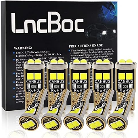 LncBoc T10 Canbus LED Bulbs 501 W5W 194 168 6SMD 3030 LED White Light Wedge Replacement Bulbs Cars Sidelight Dome Number Boot Plate Light DC 12V Pack of 10 Cover