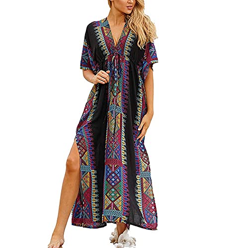 Ambrelia Women Beach Coverup Plus Size Kaftan Tunic Gown Nightdress Long Caftan Casual Maxi Beach Dress Black, One Size