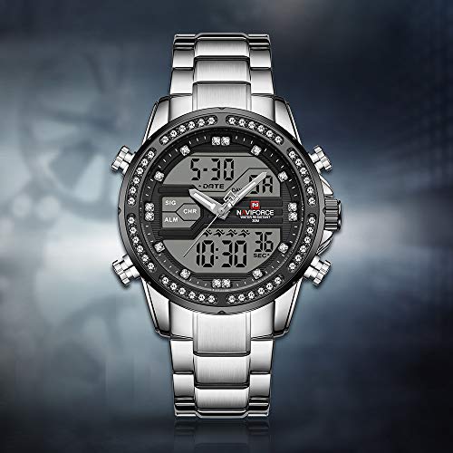 Adaskala NAVIFORCE Quartz Digital Eletrônico Masculino Relógio Dual Time Data Semana Display Backlig