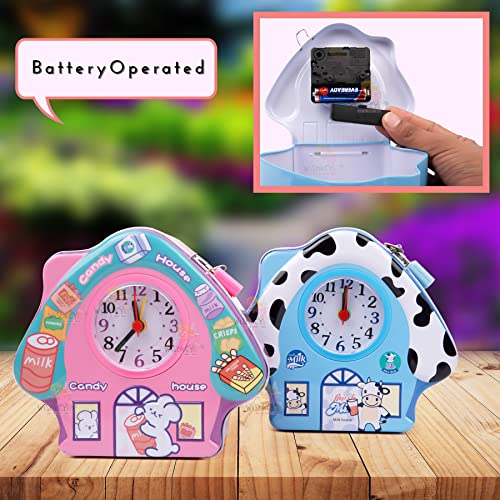 Image of WISHKEY Cute Attractive Metal House Piggy Bank With Battery Operated Clock, Security Lock & Keys For Kids Money Saving Storage Coin Collector Box Hut For Kids (Pack Of 1, Multicolor), Cottage