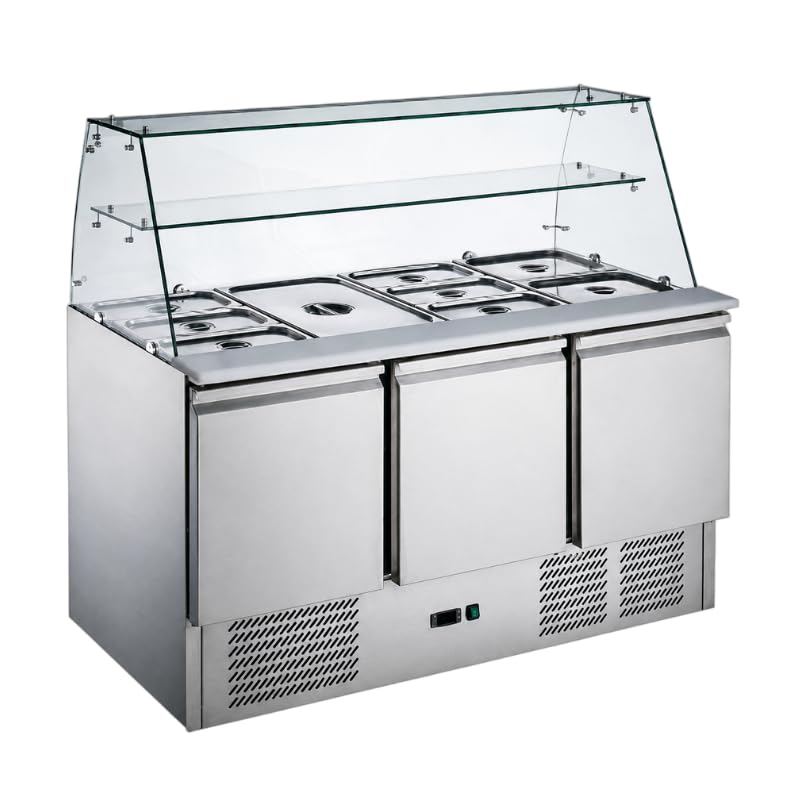 Générique Saladette refrigerata professionale a 3 ante con vetrina destra e ripiano - 368 litri