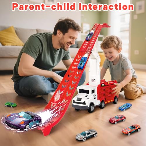 Image of BainGesk Truck Car Toys for 3, 4, 5, 6 Years Old Boys Girls, 25 in Race Track Truck Toys, Foldable 2 Layer Carrier Transport Car with 6 Metal Cars, Birthday Toys Gifts for Toddler