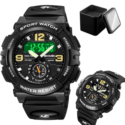 Reloj Digital Multifunción para Hombre, Triple Hora, Cronómetro, Alarma, Formato 12/24H, Luz EL, Reloj Táctico Resistente al Agua(Black)