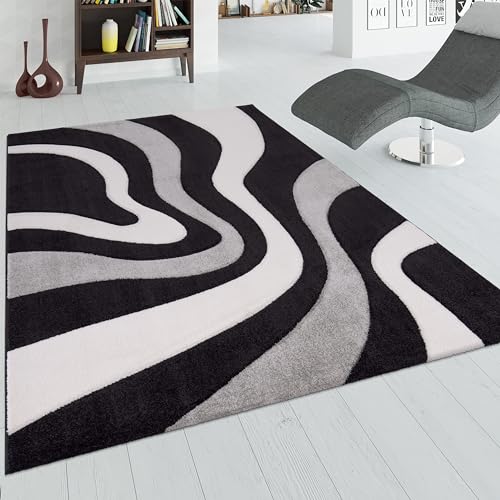 Paco Home Tapis De Créateur Aux Contours Découpés Motif Vagues en Gris Noir Blanc, Dimension:80x150 cm
