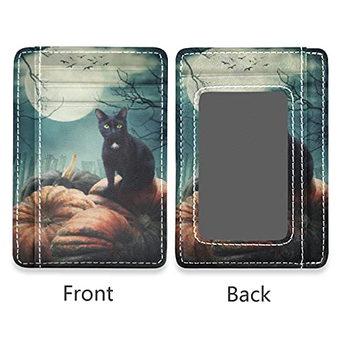 susiyo Halloween Black Cat On Pumpkin Slim Minimalist Wallets Rfid Blocking Card Wallets PU Leather Front Pocket Wallets for Men and Women2