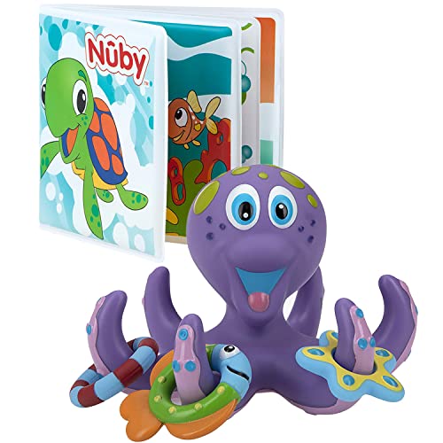Image of Nuby Floating Purple Octopus with 3 Hoopla Rings Interactive Bath Toy Bath Fun Time Book with Water-Proof Pages and Surprise Squeaker, Early Education, 0 M+