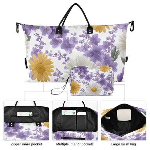 White Daisies and Purple Flowers Travel Duffle Bag, Large Weekender Overnight Bags for Women Men Waterproof Carry on Shoulder Tote Bags for Hospital Maternity Mommy Gym with Toiletry Bag2