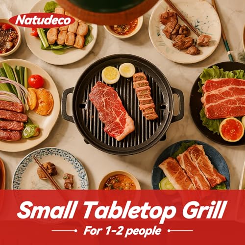 Natudeco Rauchfreier Tischgrill Traditioneller Japanischer Holzkohlegrill Tragbarer BBQ-Grill Aluminiumlegierung Tabletop Holzkohle Grill mit Holzsockel für Picknick Garten Balkon Camping