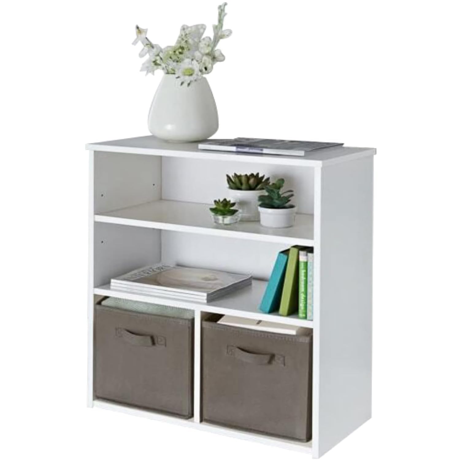 YORKSHIRE HOMEWARE White Bookshelf with 2 Shelves & 2 Grey Storage Baskets | Storage Cubes Shelves Units | Wooden Cube Units | Display Furniture Decor for Bedroom, Living Room, Kids Room