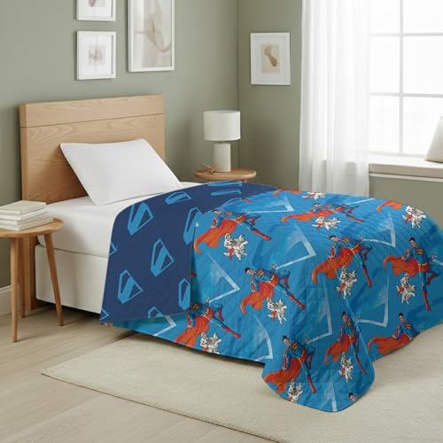 Northwest DC Comics Superman Above Metropolis Reversible Quilted Throw Blanket Comfy Iconic Throw Adults Boys Girls Legendary Superhero Bedding for Bed or Couch 60 x 80 inches