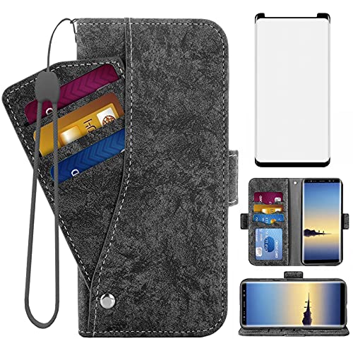 Asuwish Compatible with Samsung Galaxy Note 9 Wallet Case Cover Tempered Glass Screen Protector Card Holder Stand Kickstand Cell Flip Phone Cases for Galaxies Gaxaly Glaxay Note9 Not galaxynote9 Black