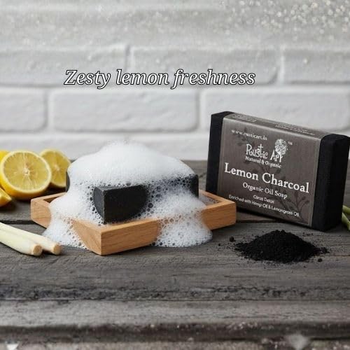 Image of Rustic Art Lemon Charcoal Soap | De-Tan & Oil Control | Handmade Organic | For Women & Men | 100g