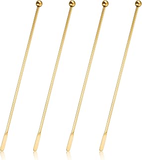 4Pcs Stainless Steel Stirrers Stir Cocktail Drink Swizzle Stick, 7.5'' Beverage Stirrers Metal with Small Rectangular Paddles, Reusable Stir Sticks for Coffee Bar Chocolate Milk (Gold)