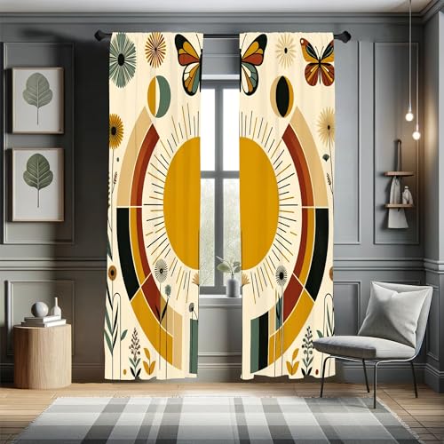 Ambesonne Mid Century Modern Window Curtains, Bohemian Details of Geometric Sun Butterfly and Leafy Floral, Lightweight Decorative 2-Panel Set & Rod Pocket, Pair of - 28