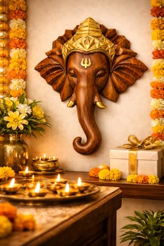Image of REMANENCE Lord Ganesha Wall Hanging Sculpture | HIPS Plastic Wood Finish Ganesh Wall Sculpture | Wall Mount Decorative Idol for Home, Office, Temple Decor (20 x 15 x 5 Inch)