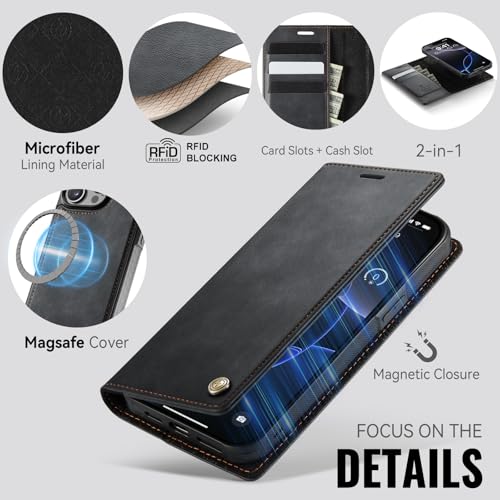 Image of Wallet Case for iPhone 13 Pro Compatible with Magsafe, 2-in-1 PU Leather Flip RFID Blocking Card Holder Stand Shockproof Magnetic Detachable Cover for iPhone 13 Pro Case 6.1 inch, Black