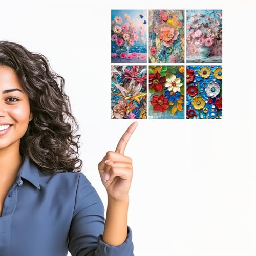 Image of SiddArtify Floral Impasto Painting Set - Pink Blue and Red Flower - Set of 2-4x6 Inch - Board (Pack of 6) - Sticker (Pack of 6) Wall Room Decoration art Poster Prints