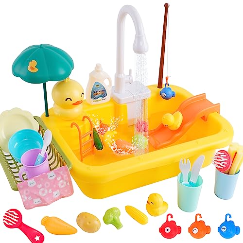 Image of Play Sink with Running Water, Kitchen Sink Toys Play Kitchen Toy with Fake Food & Kitchenware, Pool Floating Fishing Toys for Water Play, Kids Role Play Dishwasher Toy (Duck Sink)