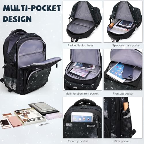 Image of PALAY Trolley School Bag Black Starry Sky 6-Wheel Backpack with Detachable Trolley Outdoor Large Capacity Nylon Trolly Backpack Multi-Compartments Waterproof School Bag with Wheels