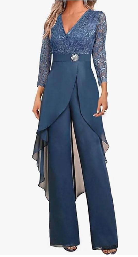 Madre della Sposa Pantaloni Suit Set 2 PC Chiffon & Pizzo Abito Ospite di Nozze ith Strass 3/4 Maniche