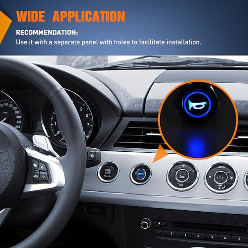 Image of Nilight 16mm 12V Momentary Horn Push Button Switch Blue LED Harness Kit | SPDT 1NO1NC metal switch with detachable tail plug socket, blue ring light, and 5A rating