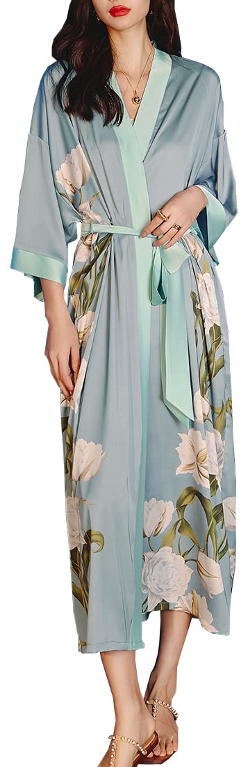 MEDUOLA Albornoces de Verano para Mujer Bata Kimono de Satén Pijama Seda Estampado con Talla Única Camisón Largo Sexy y Elegante