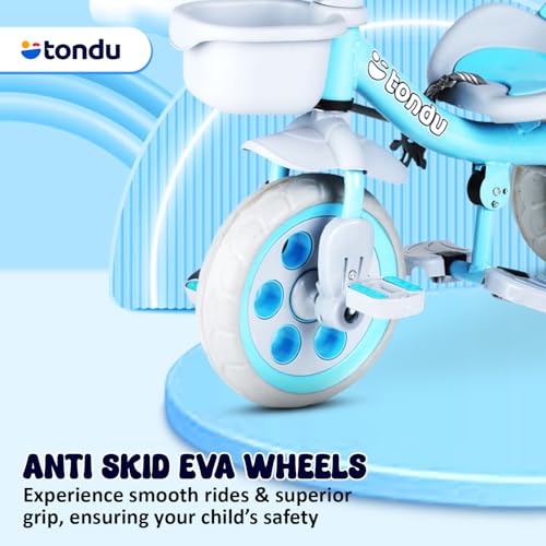 Image of TONDU Kiddo Tricycle for Kids /Baby with Storage Basket | Seat Belt with Parental Control Baby Tricycle (Blue)
