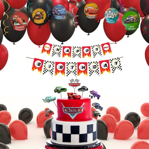 Image of Wanna Party Car Theme Birthday Decoration for Boys - 20 Red & 20 Black Balloons, Car Birthday Banner, 12 Car Swirl Hangings & Cake Toppers | Complete Racing Party Decoration for Kids Birthday