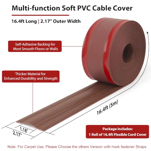 Image of ZhiYo 16.4ft Cord Cover for Wires on Floor or Wall, 2.2in Wide, Dark Walnut | Soft PVC self-adhesive cord hider, easy to cut and install, ideal for 1-2 cables, extension cord, Ethernet and speaker cables
