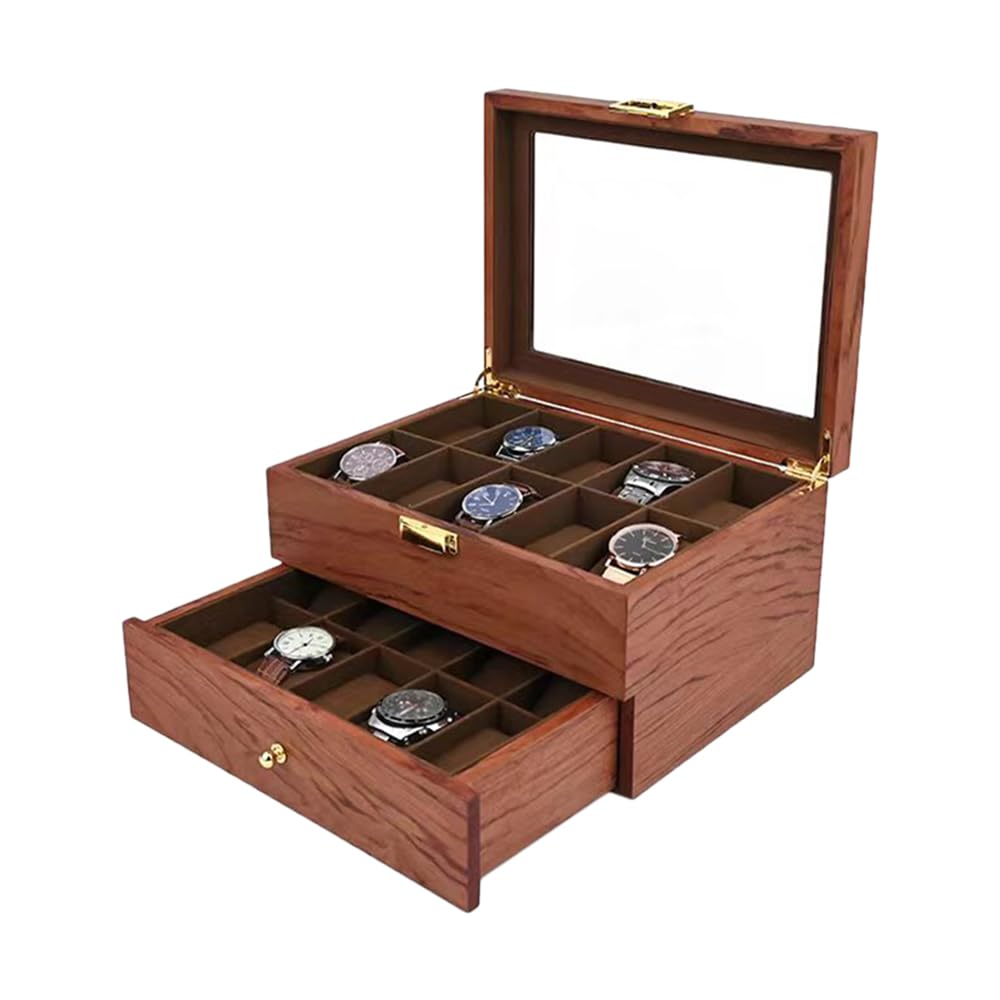 Caja Relojes, Caja de Relojes Hombre con 20 Ranuras, Estuche de Relojes de Madera de 2 Niveles con Tapa de Cristal, Forro de Terciopelo, Regalo de Hombres Amante Relojes Queridos