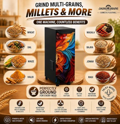 Image of JAISINGHANI GROUP Fully Automatic Talky Atta Chakki for Home | Smart Voice Assistant Flour Mill with 1HP BLDC Motor | Digital Meter & Auto-Clean | Grinds 50+ Grains & Spices