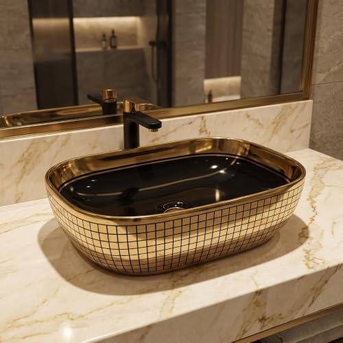 Image of InArt Luxury Tabletop Wash Basin, 455 x 325 x 135 mm, Glossy Black Ceramic Bowl with Multi-Tone Mosaic Gold Exterior, Countertop Bathroom Basin, Non-Overflow, Polished Gold Rim