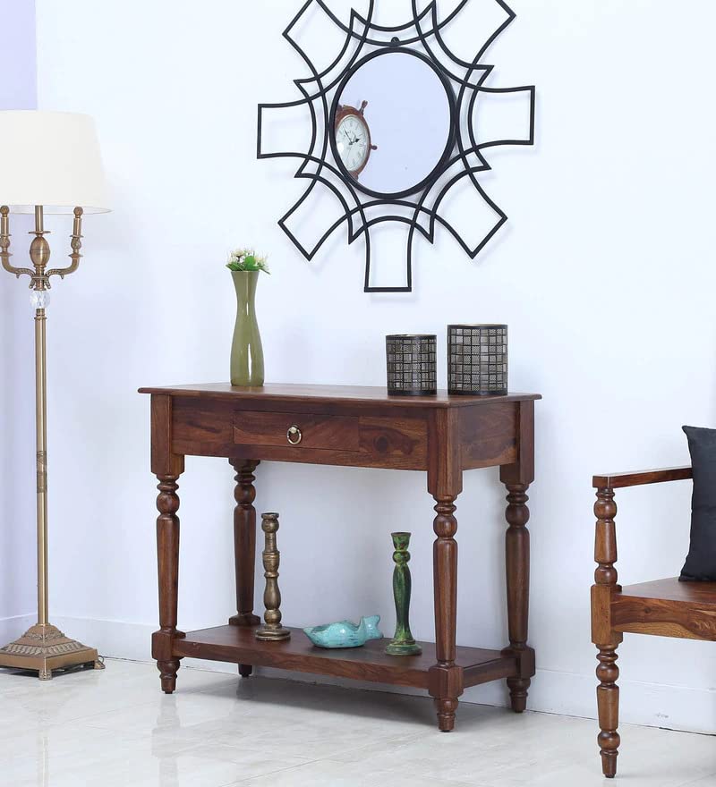 Image of Solid Sheesham Wood Console Table for Living Room | Entryway Hallway Sofa & Fish Tank Table with Drawer & Shelf Storage | Walnut Brown Finish