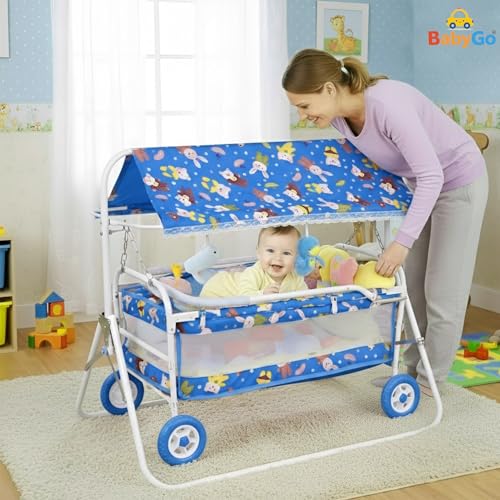 Image of BabyGo Baby Cradle with Swing, Mosquito Net & Canopy | 0-12 Months | Foldable 2-in-1 Rocking Cradle Cot with 4 Wheels & Brake | Soft Bed | Metal Frame | Blue (Large)