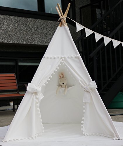 Iloveteepee Pompom Teepee with Poles, Floor, Pocket, Flags Banner and Storage Bag