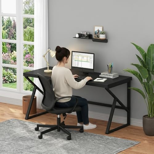 Image of DESKIZIA Modern Industrial Study Table for Home & Office | Wooden Computer Desk with Strong Metal Frame | Writing Desk | Office Table | Black | 120x60x75 cm