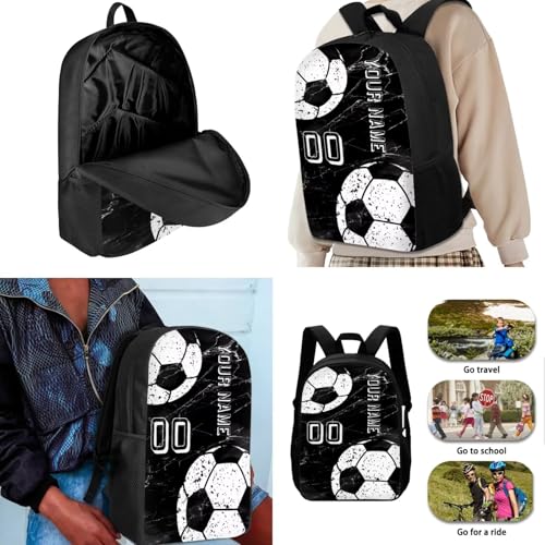 Personalized School Bookbag Set for Boys, Soccer School Backpack with Lunch Box Pencil Case, Marbled 3 Pack School Bag Set for Elementary Junior School, Customize Your Text Name Logo2