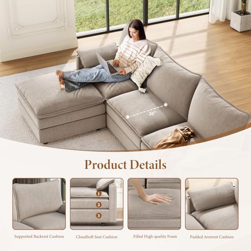 Image of Vesgantti 101 inch V-Shaped Corner Couch Sectional, 7 Seat Customizable Modular Cloud Couches with Movable Ottoman, Chenille Deep Seat Sofa Set with Chaise for Living Room, Bedroom and Apartment, Brown