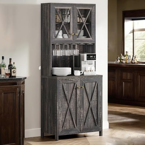 DWVO 67" Wine Bar Cabinet with Glass Doors & Wine Rack, Farmhouse Coffee Bar Cabinets with Open Shelves, Freestanding Storage for Living & Dining Room, Dark Rustic Oak