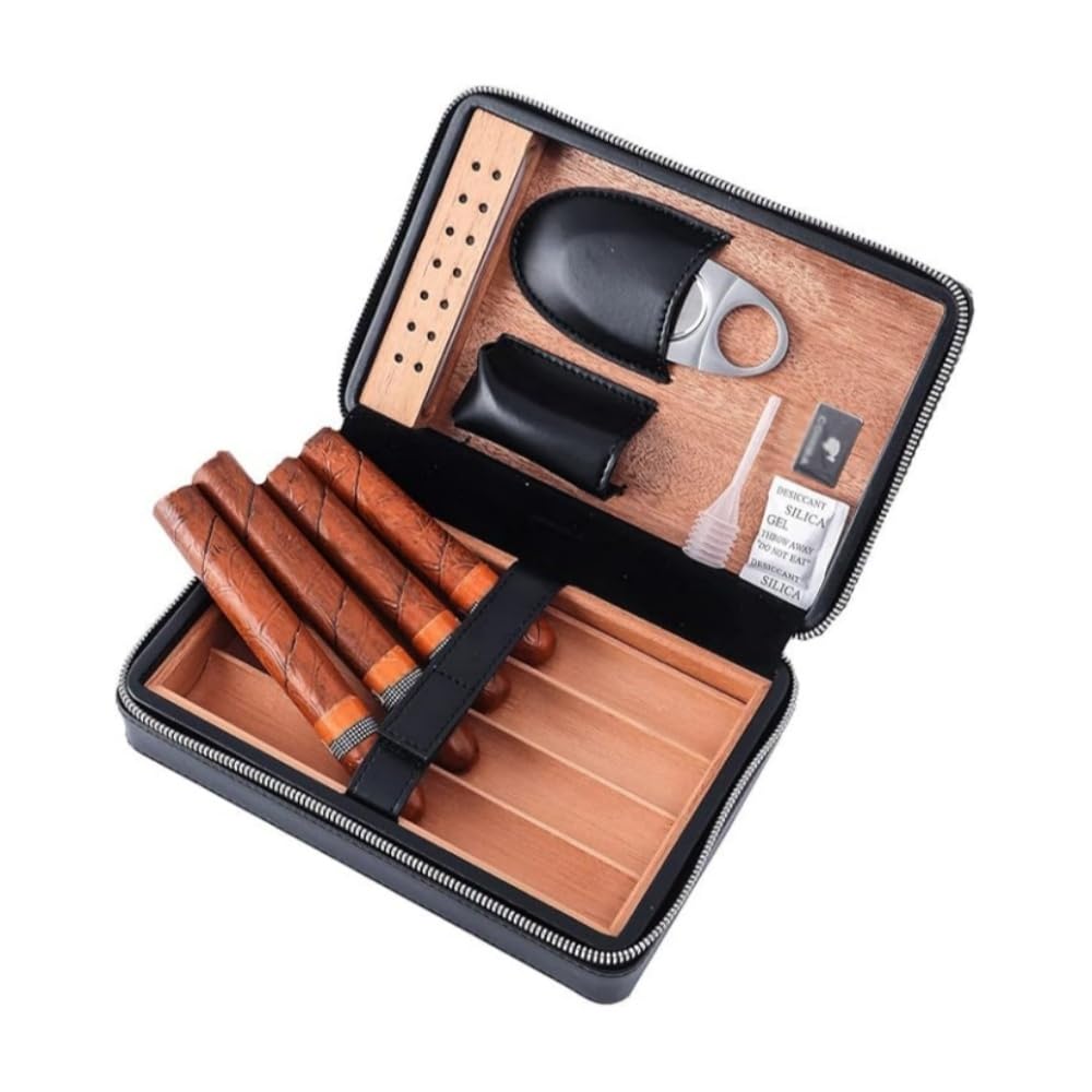 4- palcowe przenośne podróżne skórzane etui na cygara Humidor na cygara z przecinakiem i kontrolą wilgotności Zawiera przecinak do cygar Prezent dla mężczyzn