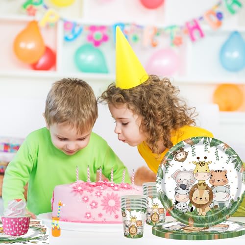 OMZSXK Dschungel Safari Partygeschirr für 16 Gäste, Dschungel Safari Partyteller Geburtstag Geschirr, Tiere Pappteller Becher Servietten Kindergeburtstag Deko