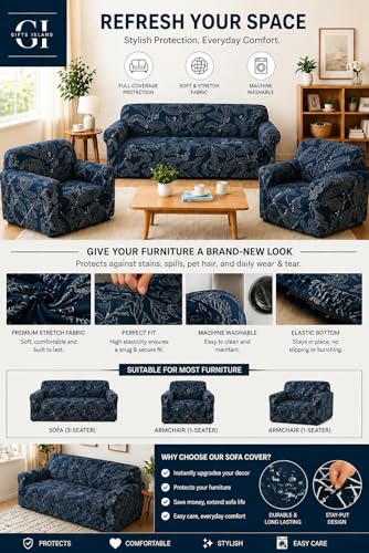 Image of Gifts Island Sofa Cover 3 Seater and 2 Seater Fully Covered Universal 5 Seater Sofa Cover Non-Slip Sticky Elastic Stretchable Sofa Set Slipcover Protector for (3+1+1 Seater) (Blue Ash)