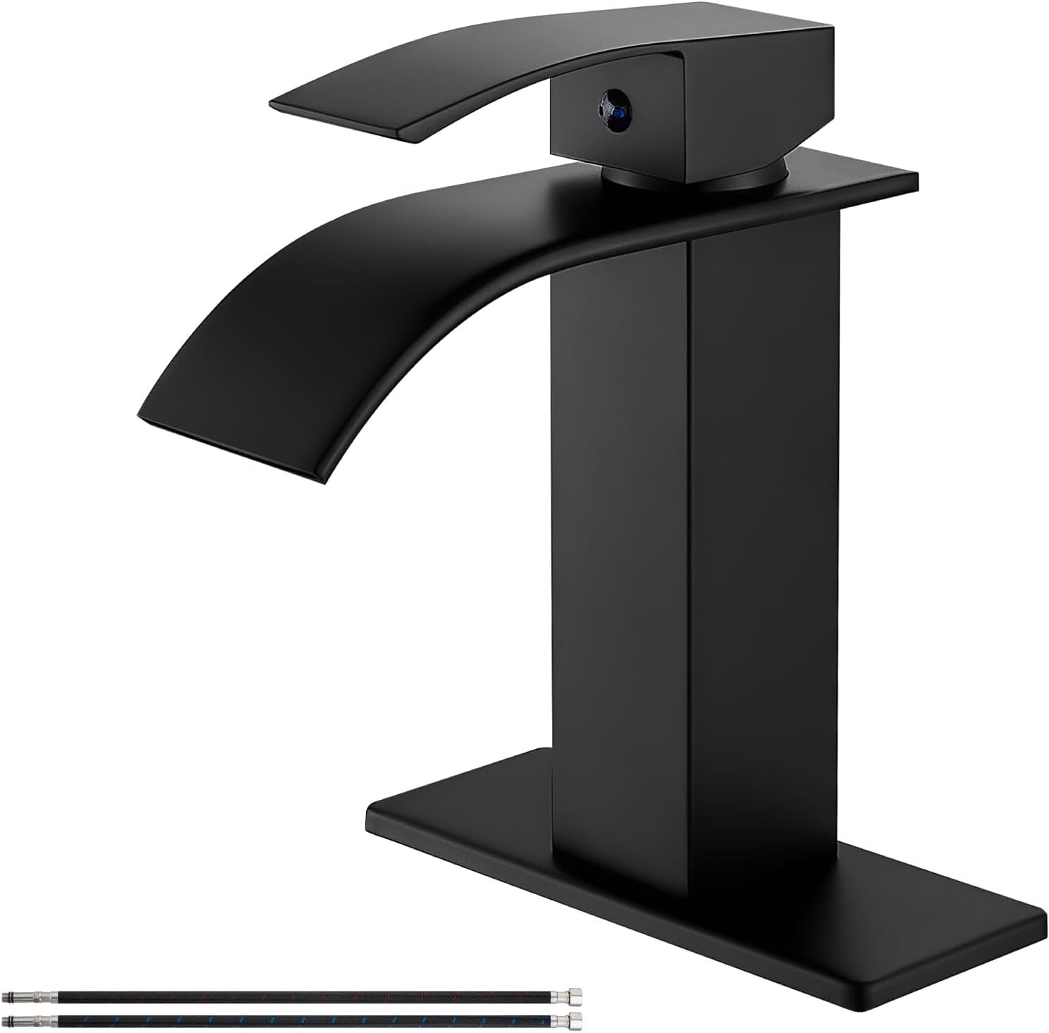 Airuida Matte Black Waterfall Bathroom Faucet, Single Handle Single Hole Bathroom Sink Faucet Deck Mount Mixer Tap with Deck Plate, Rv Lavatory Vanity Washbasin Faucet
