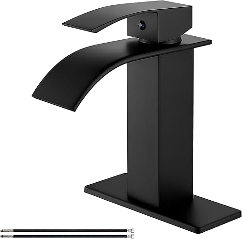 Airuida Grifo de baño con boquilla de cascada, color negro mate, un solo agujero para lavabo de baño, montaje en cubierta con placa de cubierta,