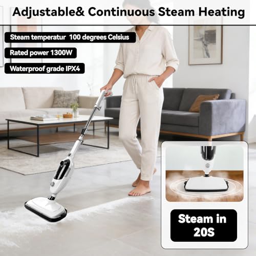 Roadtime Limpiador de vapor manual de 1300 W, Vaporeta de Mano multiuso de 300ml con 10 accesorios, Limpiador de vapor portátil Limpieza sin Químicos de 100 ℃ para hogar,suelos,baldosas,ventanas,sofá - imagen 3