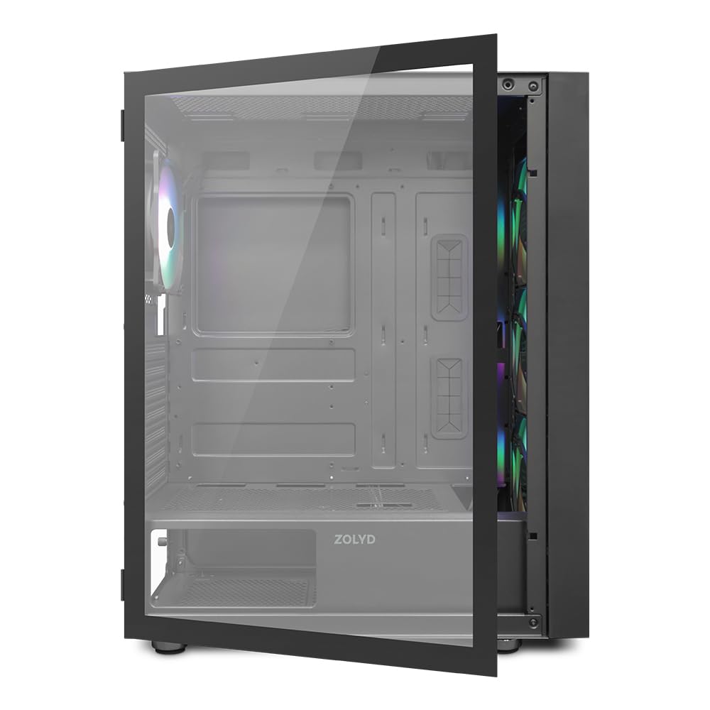 Zolyd Radion - Caja Gaming ATX, Ventana Lateral Completa en Cristal Templado, 4 Ventiladores ARGB incluidos, Frontal Mesh, Soporte Refrigeración Líquida hasta 340mm, Espacio Interno Optimizado, Negro