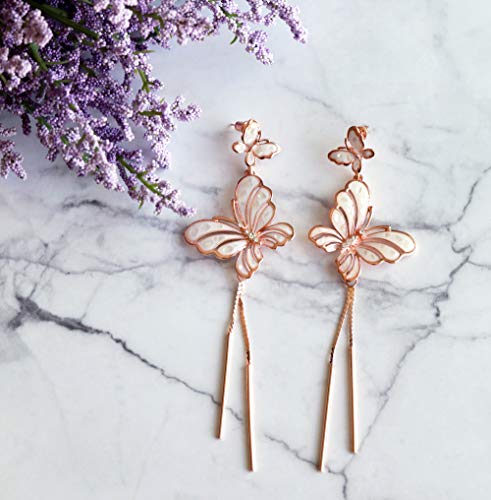 Rose Gold Butterfly Light Pink Enameled with Mother of Pearl Dangle Tassel Long Earrings Pierced - Image 6