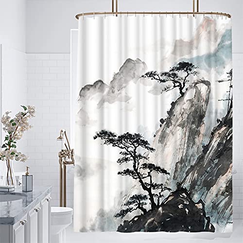 Wallall Foggy Mountain Peak And Pine Tree Bath Curtain Nature Landscape Bathroom Curtain Chinese Traditional Watercolor Artwork Print Shower Curtain Set With Hooks For Home Decor 72X72 Inch #TOP4